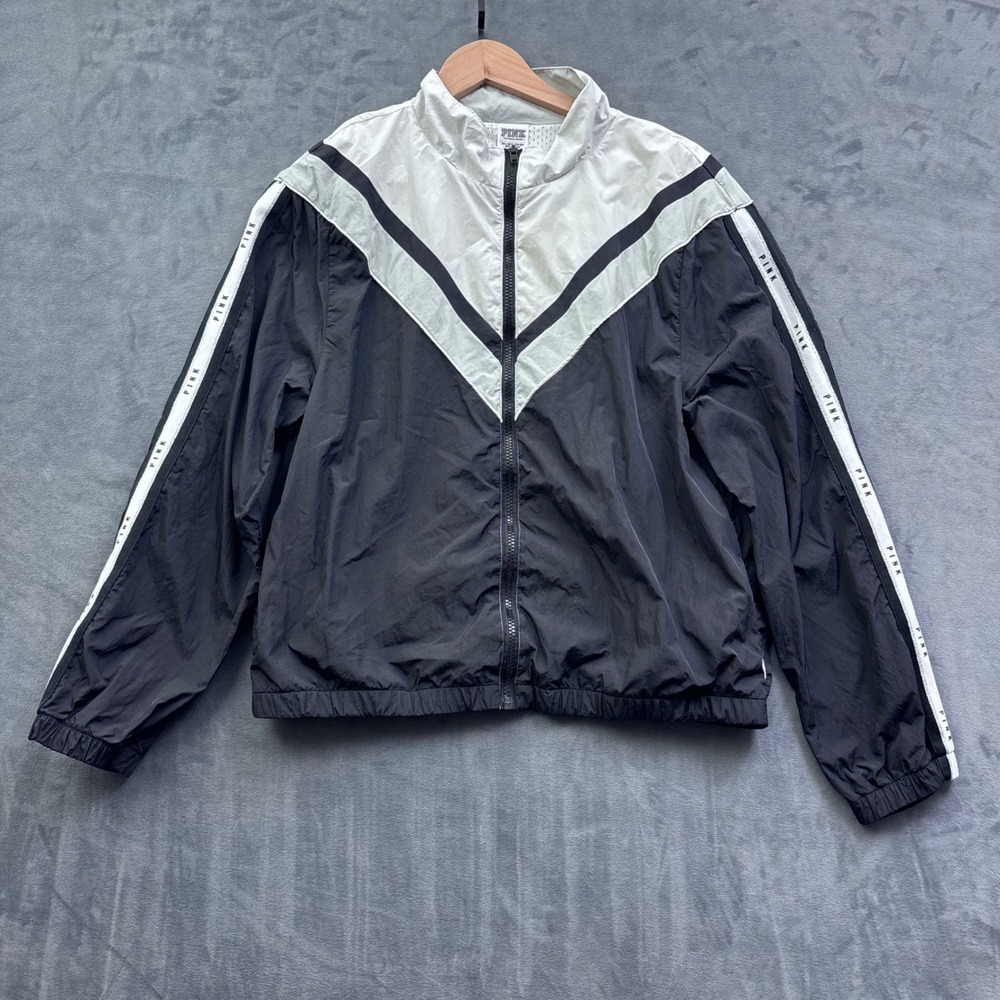 Pink Victoria's Secret Windbreaker Jacket Black White Chevron Logo Zip Up M/L